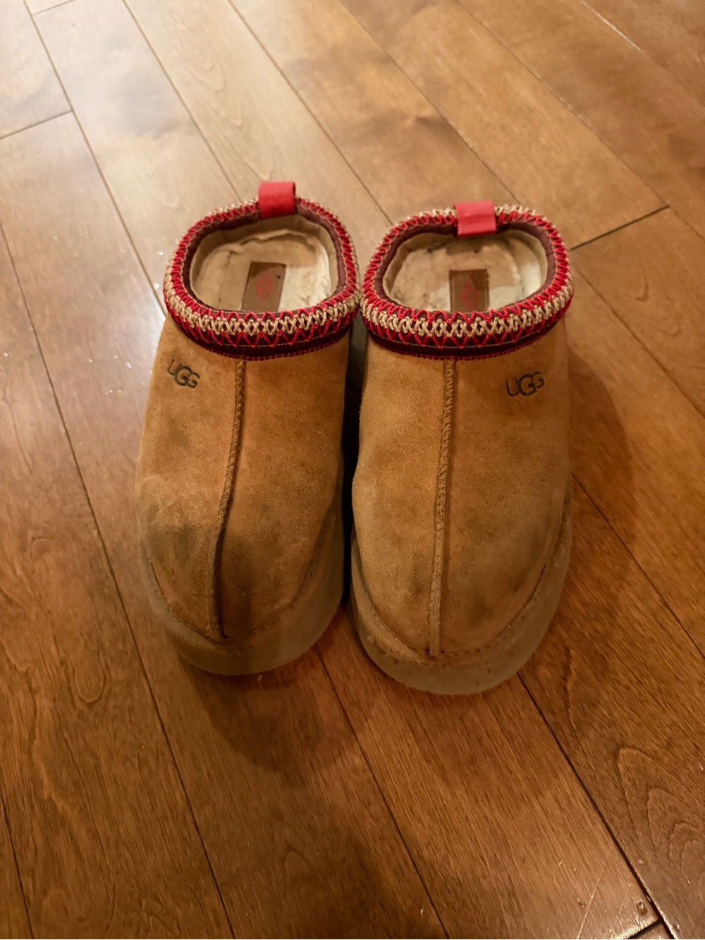 UGG women’s size 7 chestnut Suede Slip-On Clog with Red Trim